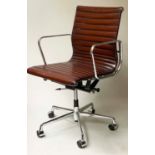 REVOLVING DESK CHAIR, Charles and Ray Eames inspired, leaf brown leather, revolving and reclining on