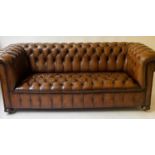 CHESTERFIELD SOFA, 200cm W, early 20th century vintage, tan brown leather with buttoned back arms