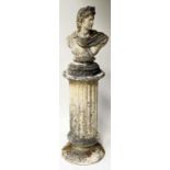 GARDEN BUST, well weathered reconstituted stone classical figure bust on fluted stand, bust 53cm