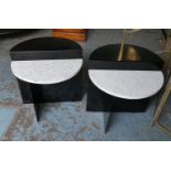 SIDE TABLES, a pair, 50cm x 51cm Diam, black painted metal, stone half shelf. (2)