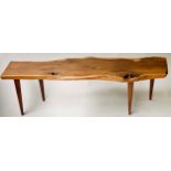 LOW TABLE, rustic, raw edge yew wood on tapering supports by and stamped 'Reynolds of Ludlow