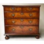 CHEST, early 18th century English Queen Anne figured walnut with two short and three long drawers,