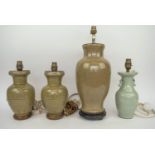 LAMPS, a pair, Asian Celedon along with a under glaze foliate decorated Celedon vase lamp and a