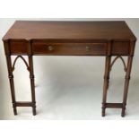 CONSOLE/WRITING TABLE, 19th century mahogany and satinwood crossbanded with frieze drawer and Gothic