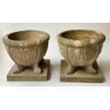 GARDEN PLANTERS, a pair, well weathered reconstituted stone with grape decoration and plinth