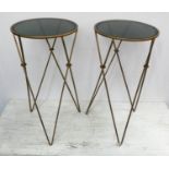 SIDE TABLES, a pair, 30.5cm Diam, x 61cm H, 1970's Italian style, gilt metal, smoked glass tops. (2)