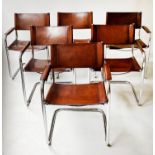 DINING ARMCHAIRS, a matched set of six Bauhaus style, tan leather and cantilever chrome framed after