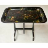 TOLEWARE TRAY ON STAND, 76cm x 46cm x 64cm H, 19th century, rounded rectangular black lacquered