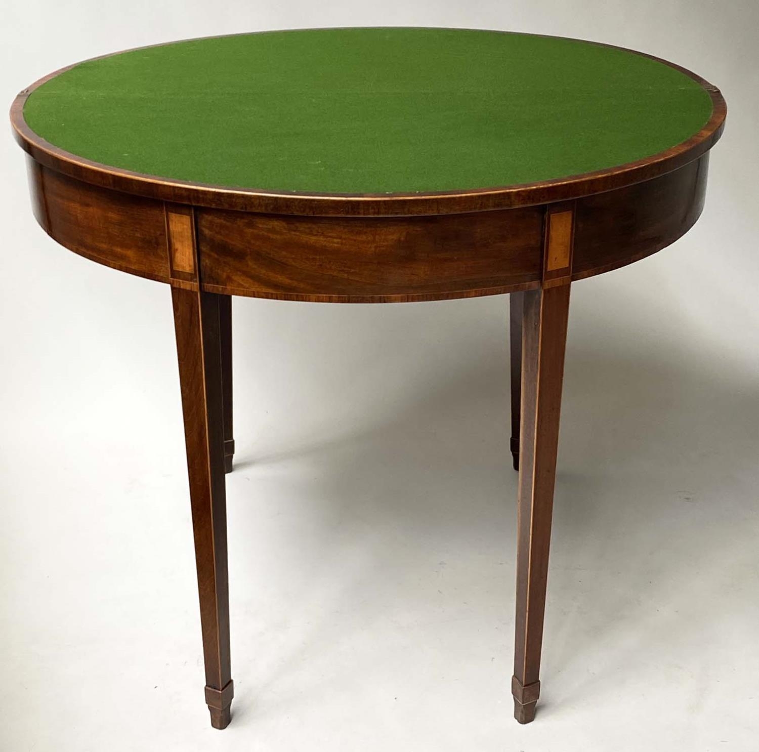 CARD TABLE, George III period demi lune and satinwood crossbanded, foldover baize lined. 91cm W x