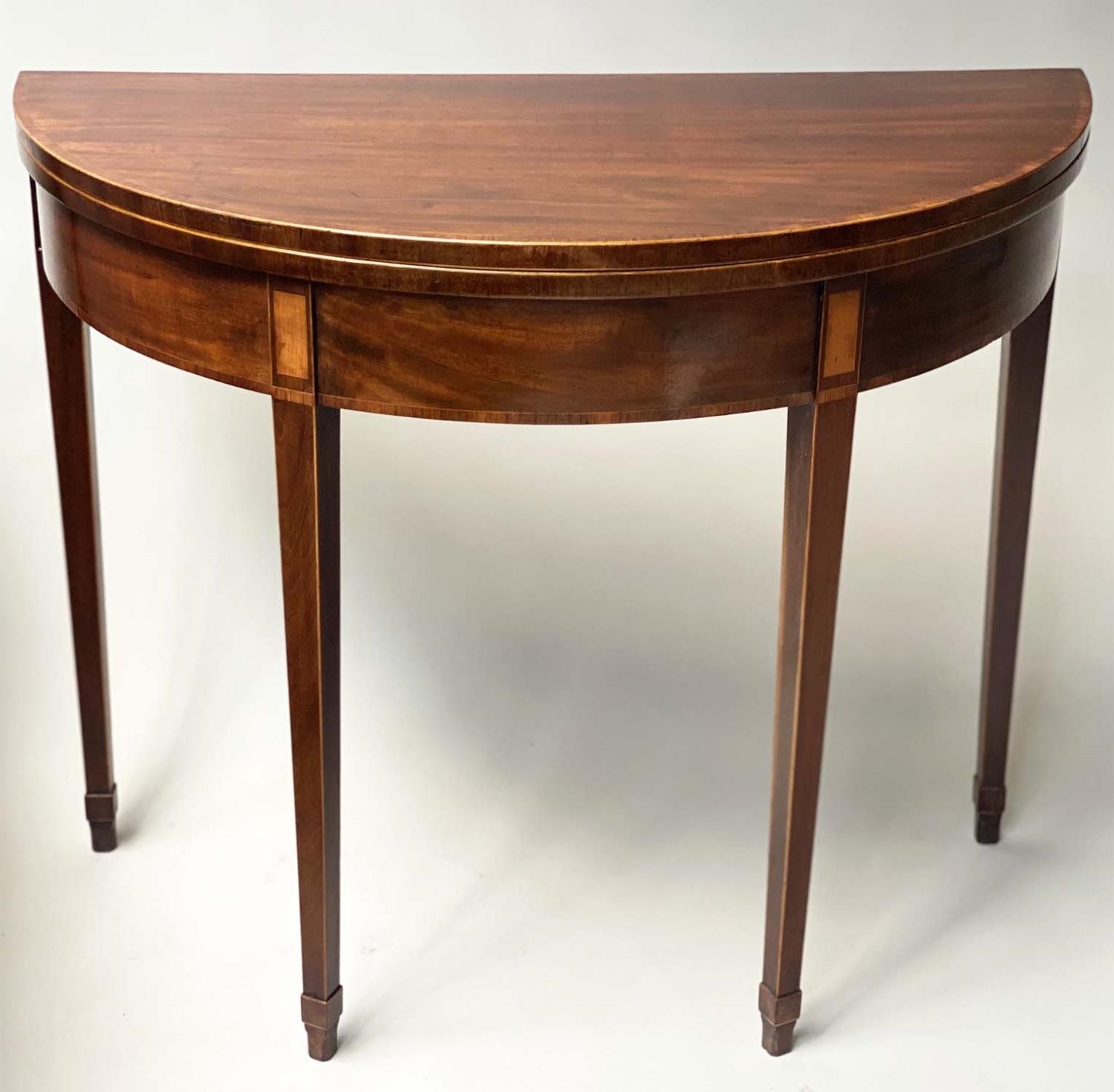 CARD TABLE, George III period demi lune and satinwood crossbanded, foldover baize lined. 91cm W x - Image 2 of 6