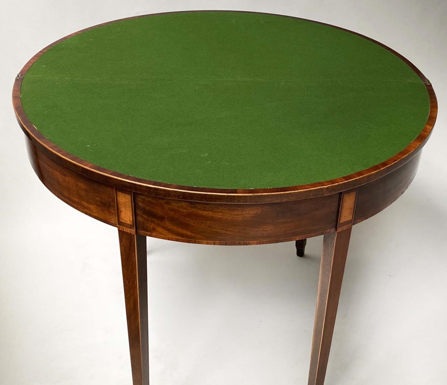 CARD TABLE, George III period demi lune and satinwood crossbanded, foldover baize lined. 91cm W x - Image 4 of 6