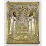 RUSSIAN ICON, circa 1800, Saints Zossima and Salvaati, with worn silver plated riza, 14cm H x 10cm