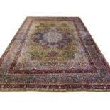 FINE ANTIQUE KERMAN LAVER CARPET, 377cm x 270cm.