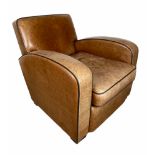 SUCCESSION CLUB ARMCHAIR, Art Deco design tan leather, bears solid silver makers plaque to back leg,