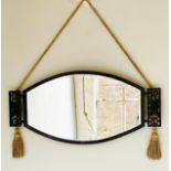 ART DECO WALL MIRROR, 88cm W x 42cm H, bronze, arched, serrated frame, bevelled plate flanked by