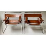 AFTER MARCEL BREUER WASSILY STYLE ARMCHAIRS, a pair, vintage stitched tan leather with chrome