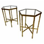 SIDE TABLES, a pair, 1970's Italian design, faux bamboo gilt metal frames, with glass tops, 51cm H x