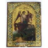 RUSSIAN ICON, 19th Century, depicting the Archangel Michael on horseback, in gilded frame and glazed