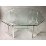 LOW TABLE, 123 x 123 x 43 cm, octagonal canted square glass raised upon lucite clear supports,