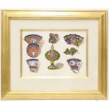 ITALIAN CERAMICS HAND-COLOURED MEZZOTINTS, a set of eight, gilt framed and glazed, each 61cm x