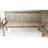 GARDEN BENCH, weathered teak of slatted construction, 165cm.