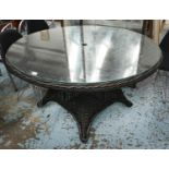 GLOSTER GARDEN TABLE, 136cm diam x 74cm H, glass top.