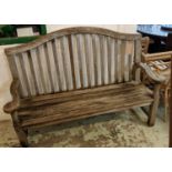 GARDEN BENCH, 112cm H x 188cm W x 62cm D, mid 20th century weathered teak, with arched back.
