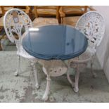 GARDEN TABLE, 71cm H x 66cm D, similar to previous lot, with a pair of chairs. (3)
