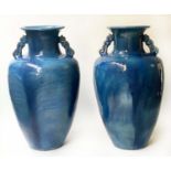 AMPHORA, a pair, large cobalt blue glazed terracotta with handles (one vase with old repairs), 100cm
