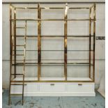 DISPLAY SHELVES, brass and glass with ladder, 220cm x 240cm H x 43cm.