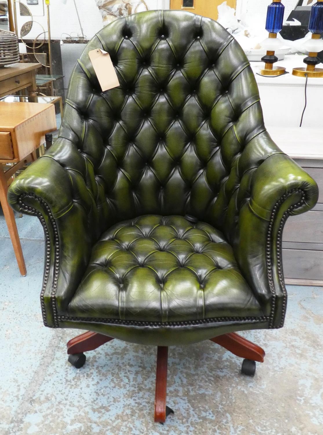 DESK CHAIR, 85cm W x 120cm H, green buttoned leather. - Image 2 of 5