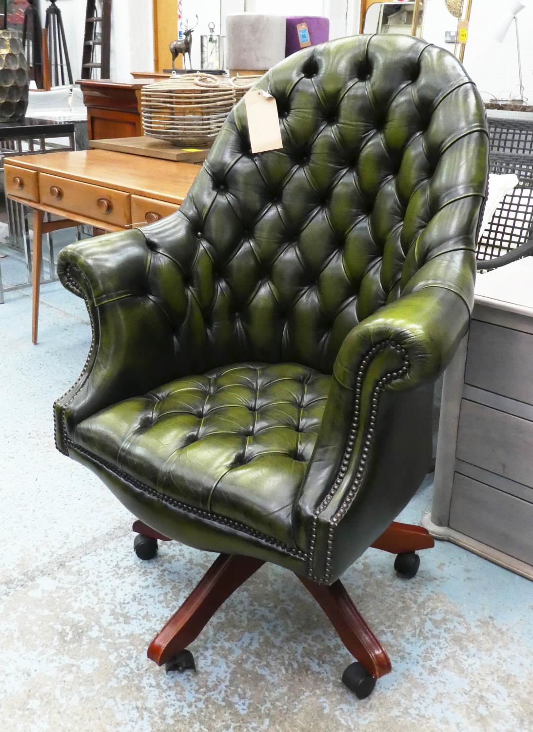 DESK CHAIR, 85cm W x 120cm H, green buttoned leather.