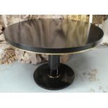 DINING TABLE, 120cm diam x 77cm H, black lacquer with brass trim.