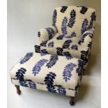 ARMCHAIR, Howard style two tone blue foliate weave 86cm W with matching footstool, 83cm x 52cm x