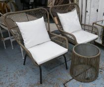 TERRACE SET, including two armchairs, 70cm W and table, 47cm x 45cm Diam. (3)