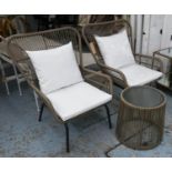 TERRACE SET, including two armchairs, 70cm W and table, 47cm x 45cm Diam. (3)