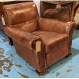 ARMCHAIR, 76cm H x 86cm W x 89cm D, tan leather, with cushion seat and castors.