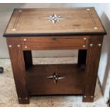 SIDE TABLE, 57cm x 36cm x 61cm H, teak with ebony and bone inlay, a rising lid and compartmentalized