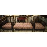 SOFA, 128cm W x 76cm D, early 20th century beechwood with patterned cushion seats and a pair of