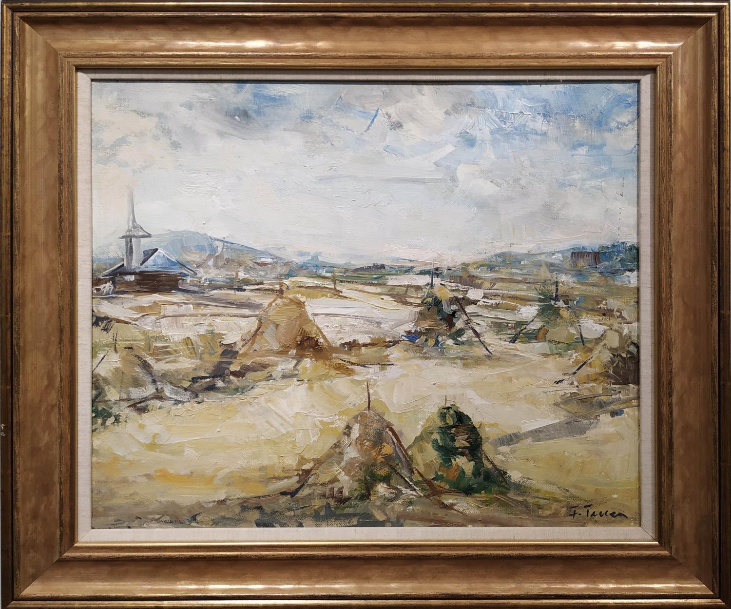 F. TOLLEN 'Landscape with Hay Bells and Church', oil on canvas, signed, 43cm x 48cm, framed.