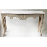 CONSOLE TABLE, French style carved and grey painted with cabriole supports, 140cm x 40cm x 80cm H.