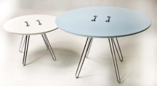 LOW TABLES, two, 70cm x 44cm and 50cm x 33cm, Casamania Twine, circular, lacquered blue and white,