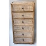 TALL CHEST, rattan and cane panelled with six drawers, 50cm x 31cm x 103cm H.
