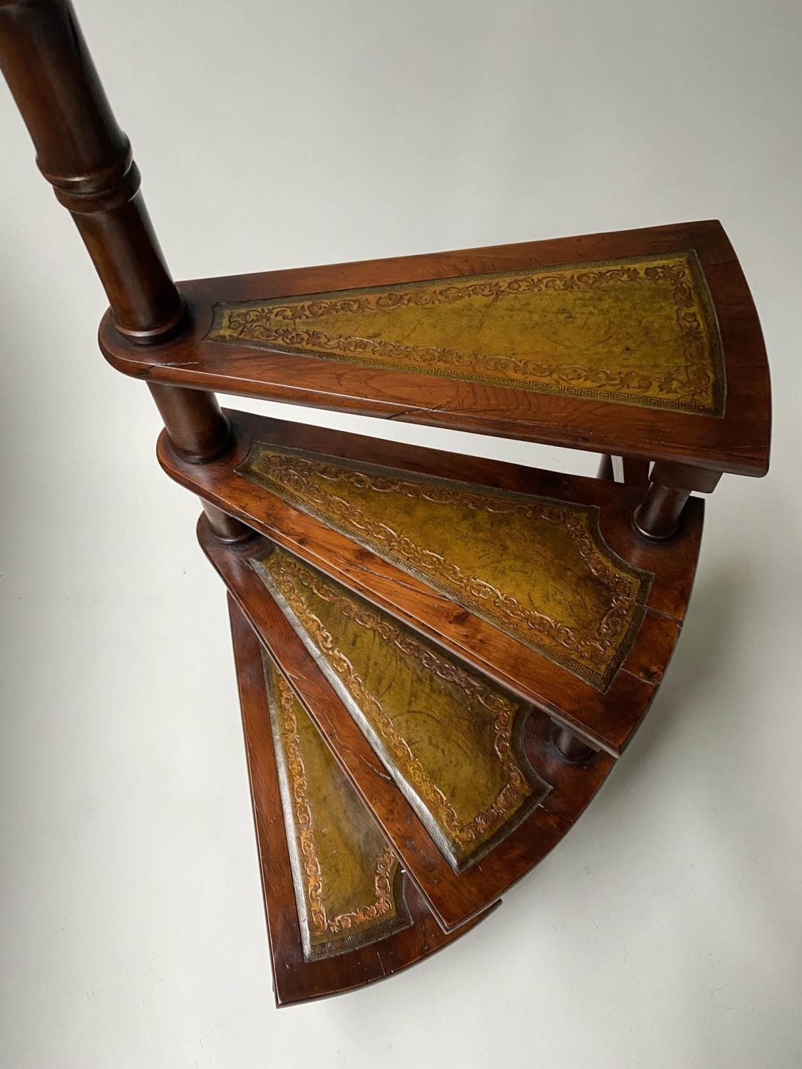 LIBRARY STEPS, a set, George III style spiral yewwood with four tooled green leather treads, 116cm H - Image 2 of 6