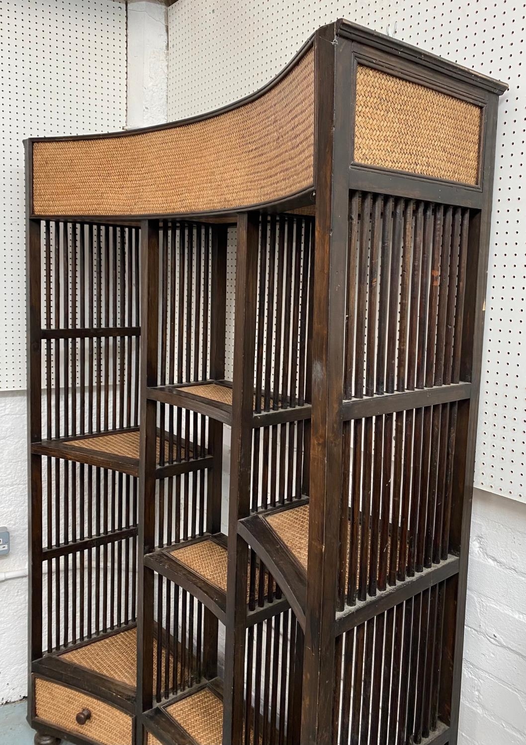 CONCAVE OPEN DISPLAY SHELVES, a set of three, South East Asian rattan and hardwood, largest 129cm - Image 11 of 12