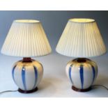 TABLE LAMPS, a pair, Chinese ceramic blue and white vase from pleated shades, 65cm H. (2)