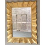 WALL MIRROR, rectangular gilt sun burst framed with bevelled mirror, 122cm H x 92cm.