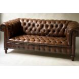 CHESTERFIELD SOFA, 208cm D, Victorian horsehair and studded brown leather seat and arms, upholstered