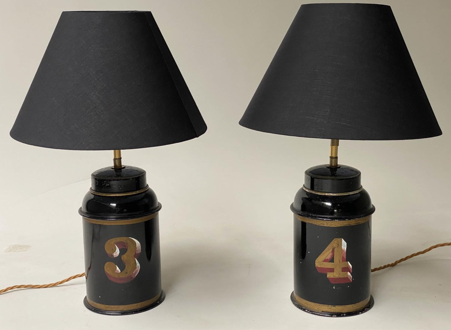 TEA CANNISTER LAMPS, a pair, painted toleware early 20th century adapted with shades, 48cm H. (2) - Image 4 of 7