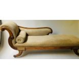 REGENCY CHAISE LONGUE, early 19th century rosewood and brass inlaid with two tone taupe